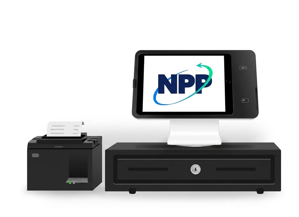 Square hardware kit product render with an NPP mark on the screen